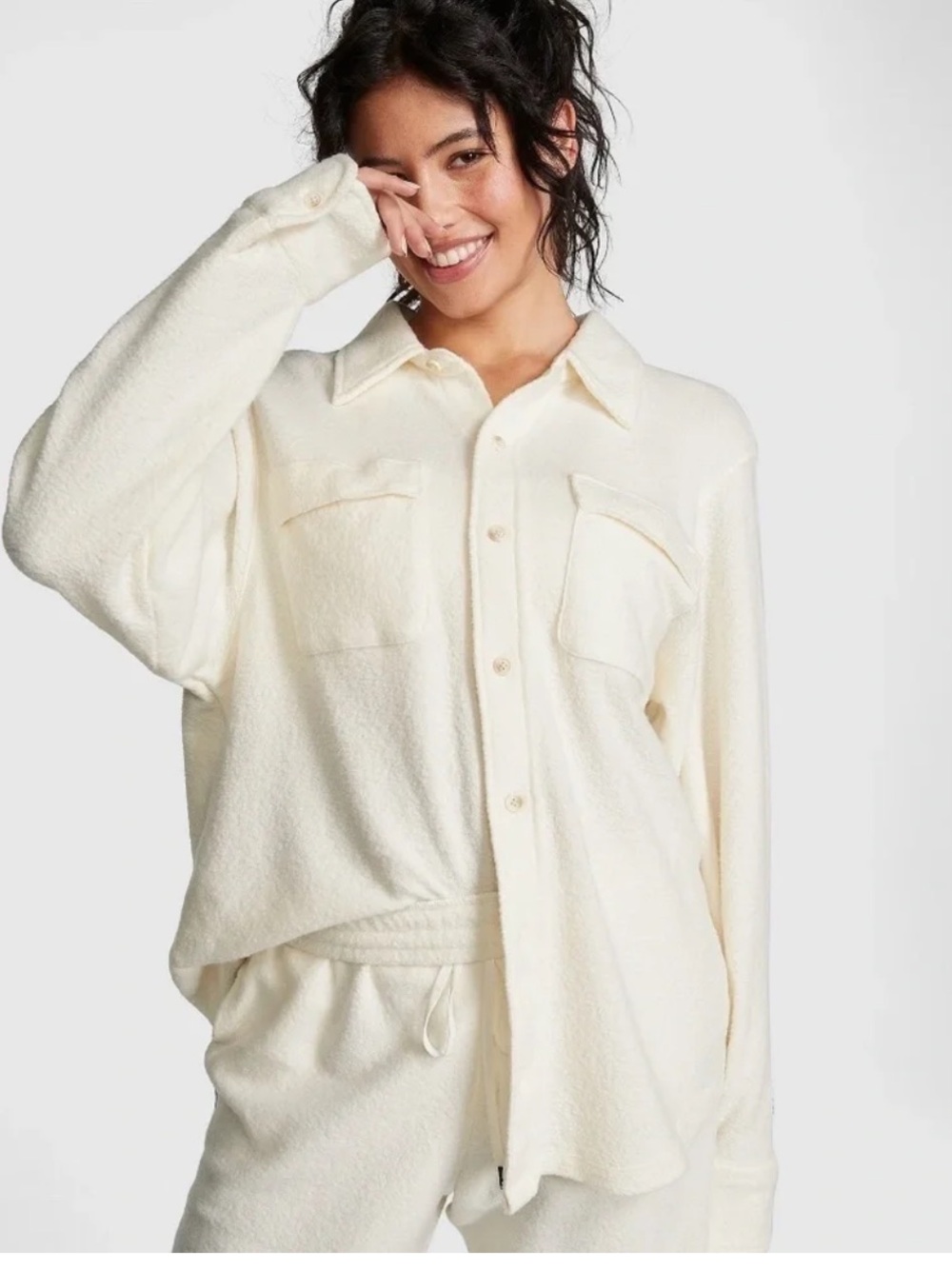 Victoria’s Secret Pink Cream Button-Up Shacket Sweatshirt ladies size XXL